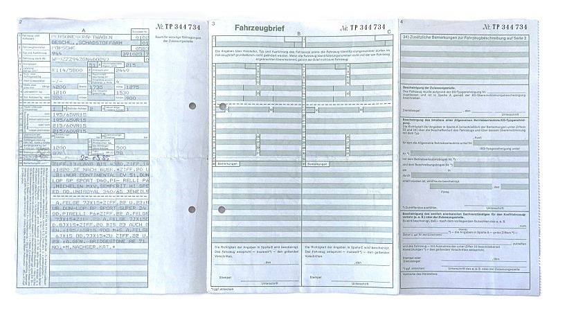 Fahrzeugbrief 944 mit 114 KW, 2.5 ltr., EZ 20.09.1985