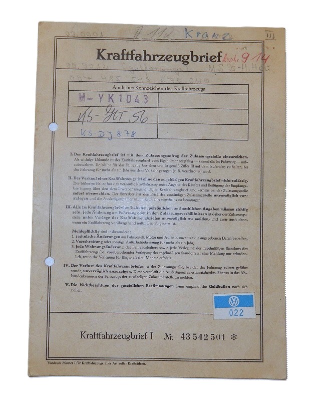 Fahrzeugbrief 914 mit 80 PS, 1.7 ltr., EZ 29.02.1972