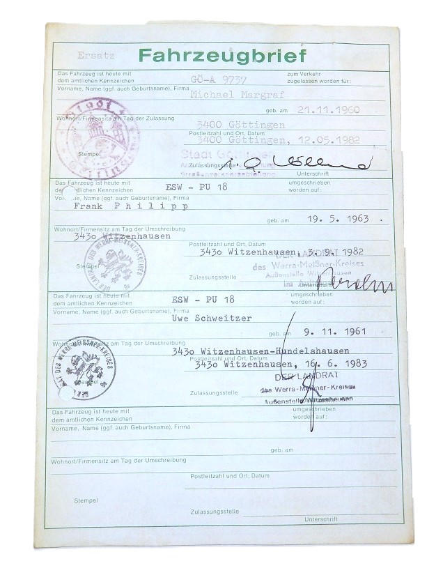 Fahrzeugbrief 914 mit 100 PS, 2.0 ltr., EZ 27.10.1972