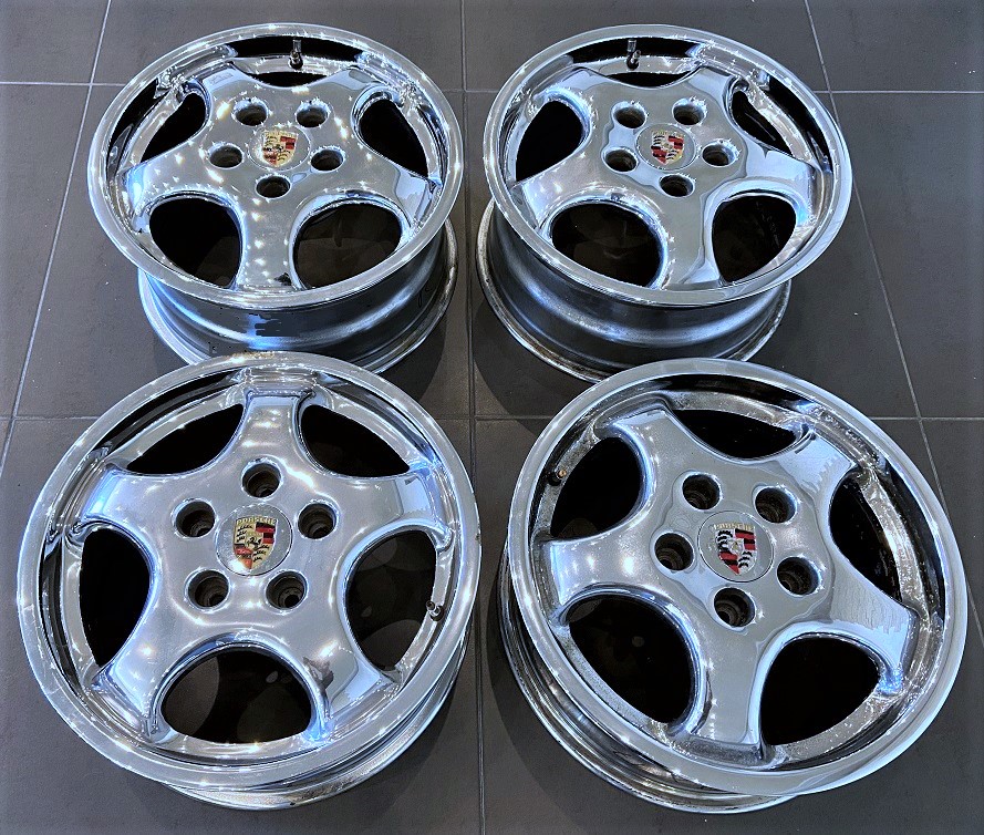 Chrom-Cup-Alufelgen 7 + 8 J 17, original, passend für Porsche 964