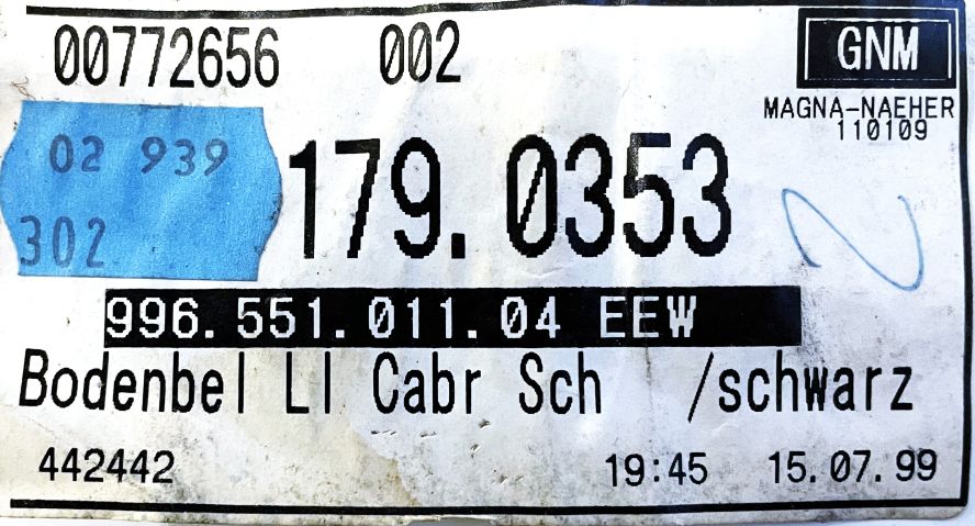 Innenraumteppich, komplett, passend für Porsche 996 Cabrio