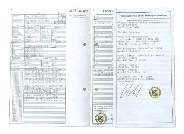 Fahrzeugbrief Mercedes Benz 124, 2,5 ltr., KW 83, Bj. 01.07.1994