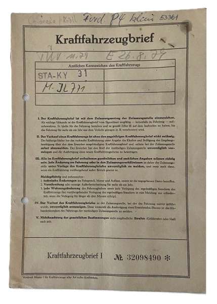 Fahrzeugbrief Ford 12 M / P 4, 1,2 ltr., 40 PS, Bj. 25.05.1966