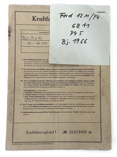 Fahrzeugbrief Ford 12 M / P 4, 1,5 ltr., 50 PS, Bj. 28.06.1966
