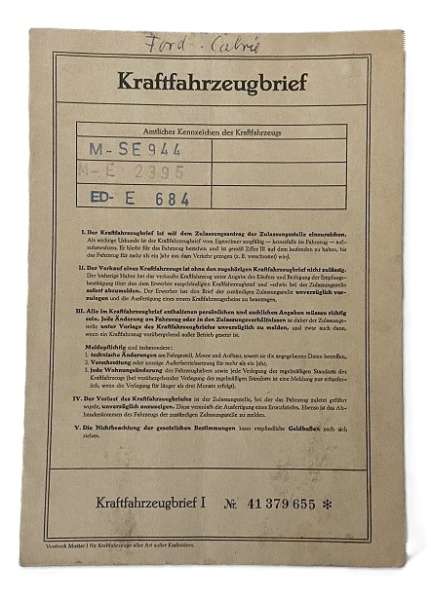 Fahrzeugbrief Ford Capri ECJ, 1,7 ltr., 75 PS, Bj. 24.11.1970