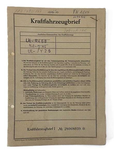 Fahrzeugbrief VW Käfer, 1,2 ltr., 34 PS, Bj. 28.04.1964