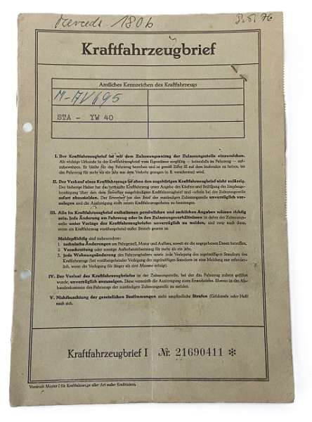 Fahrzeugbrief Daimler Benz 180 b, 1,9 ltr., 68 PS, Bj. 11.04.1960