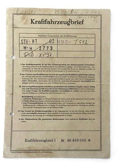 Fahrzeugbrief Ford Taunus GT, 2,0 ltr., 90 PS, Bj. 12.10.1972