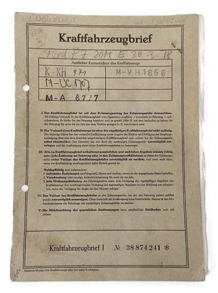 Fahrzeugbrief Ford 51 F, 2,0 ltr., 90 PS, Bj. 21.11.1969