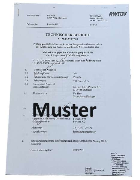 TÜV-Gutachten für "Harr-Sportauspuffanlage", neu, passend für Porsche 993 bzw. 993 Turbo
