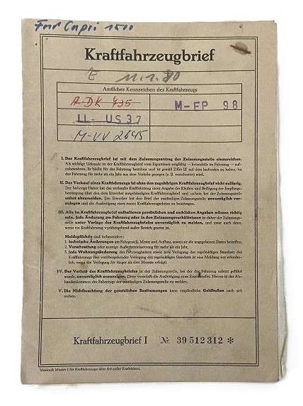 Fahrzeugbrief Ford Capri ECJ, 1,5 ltr., 60 PS, Bj. 03.11.1969